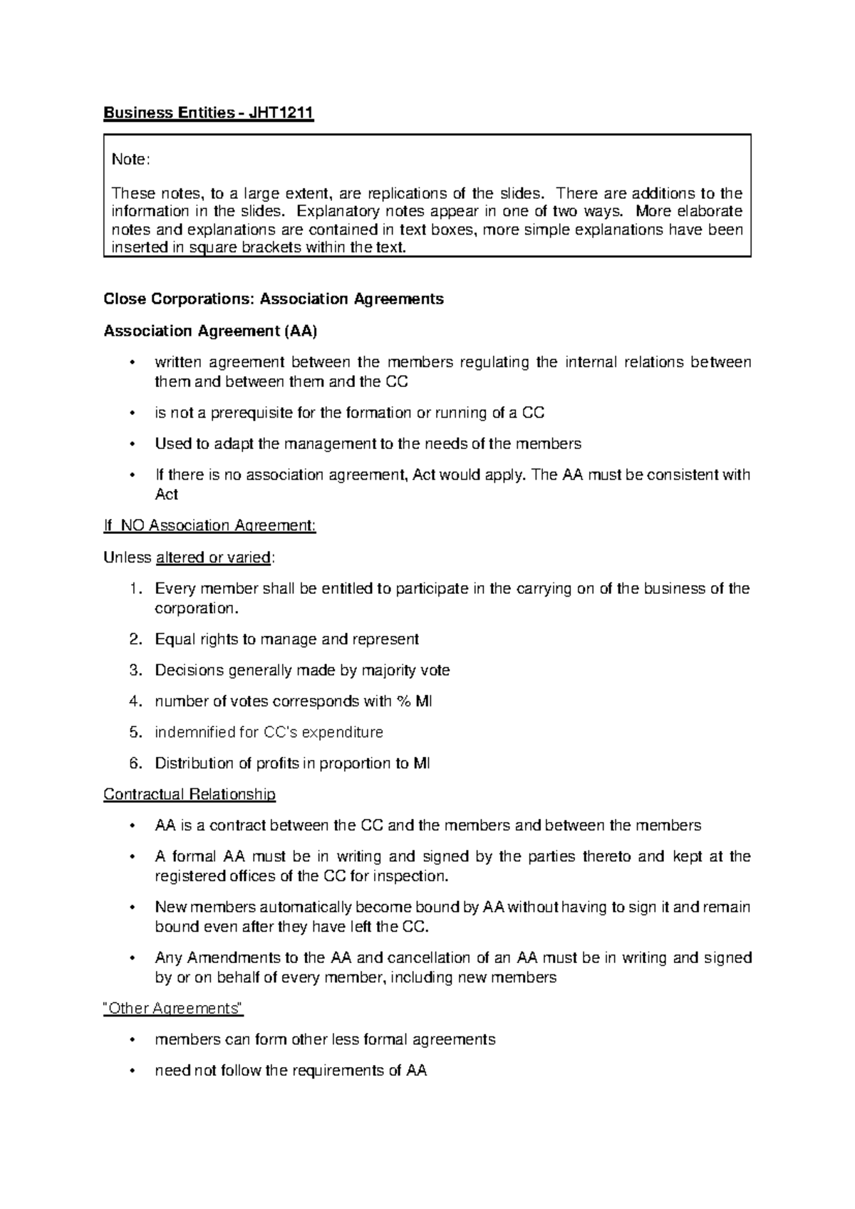 2 Association Agreemnts and Representation Notes - Business Entities ...