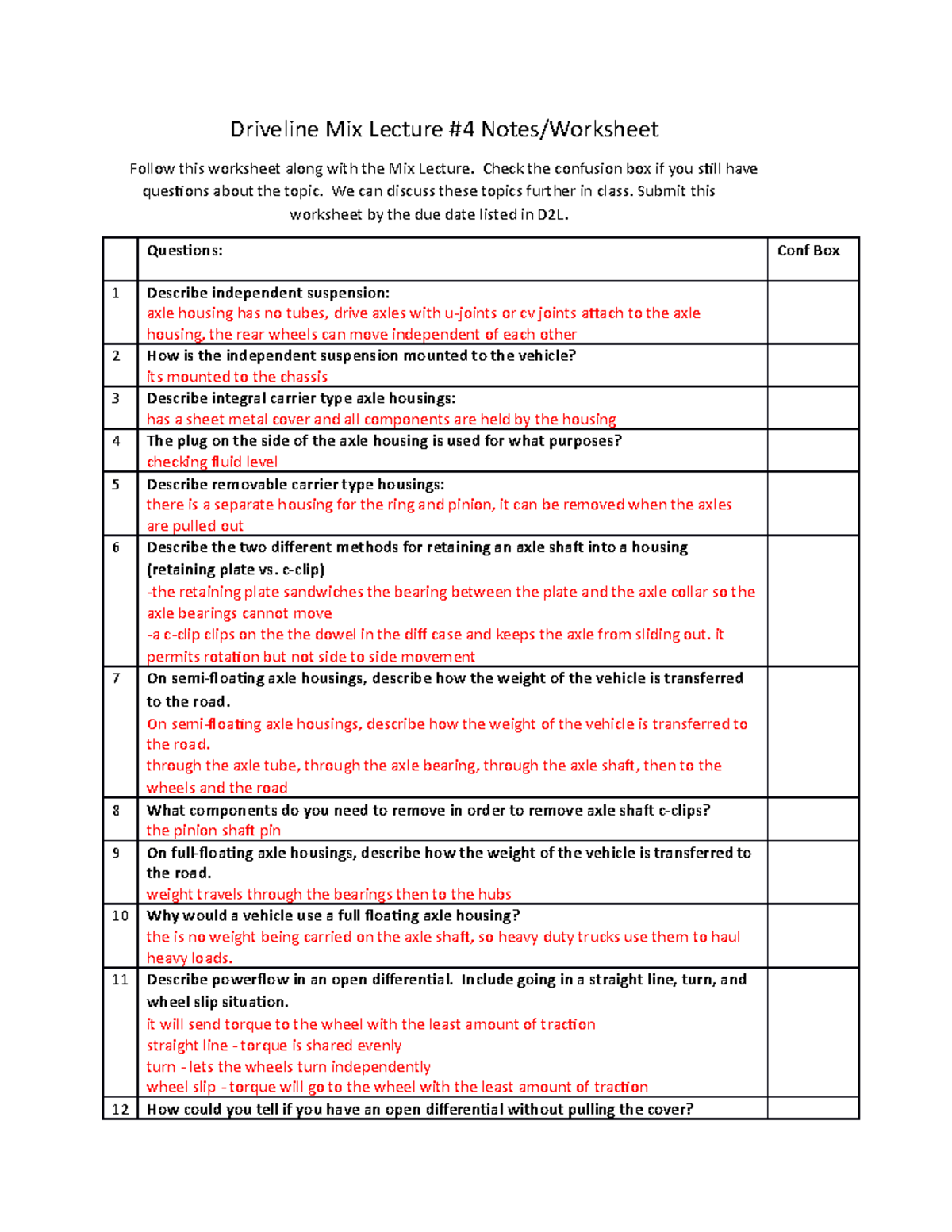 Rear Axle Mix Lecture Four Worksheet - Driveline Mix Lecture #4 Notes ...