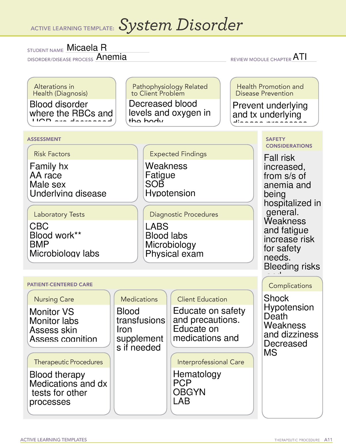 Anemia ATI done ACTIVE LEARNING TEMPLATES TherapeuTic procedure A