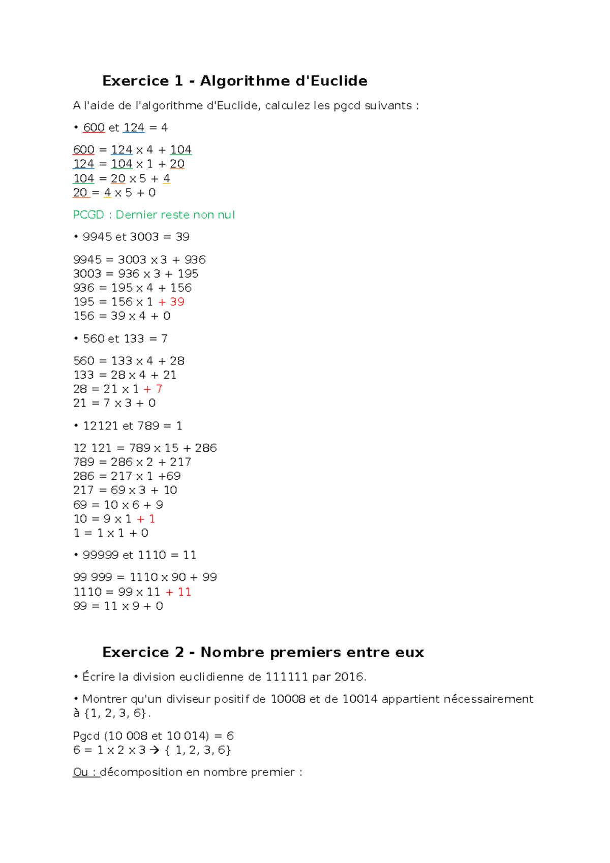 Arithmétiques Exercice 1 Algorithme d