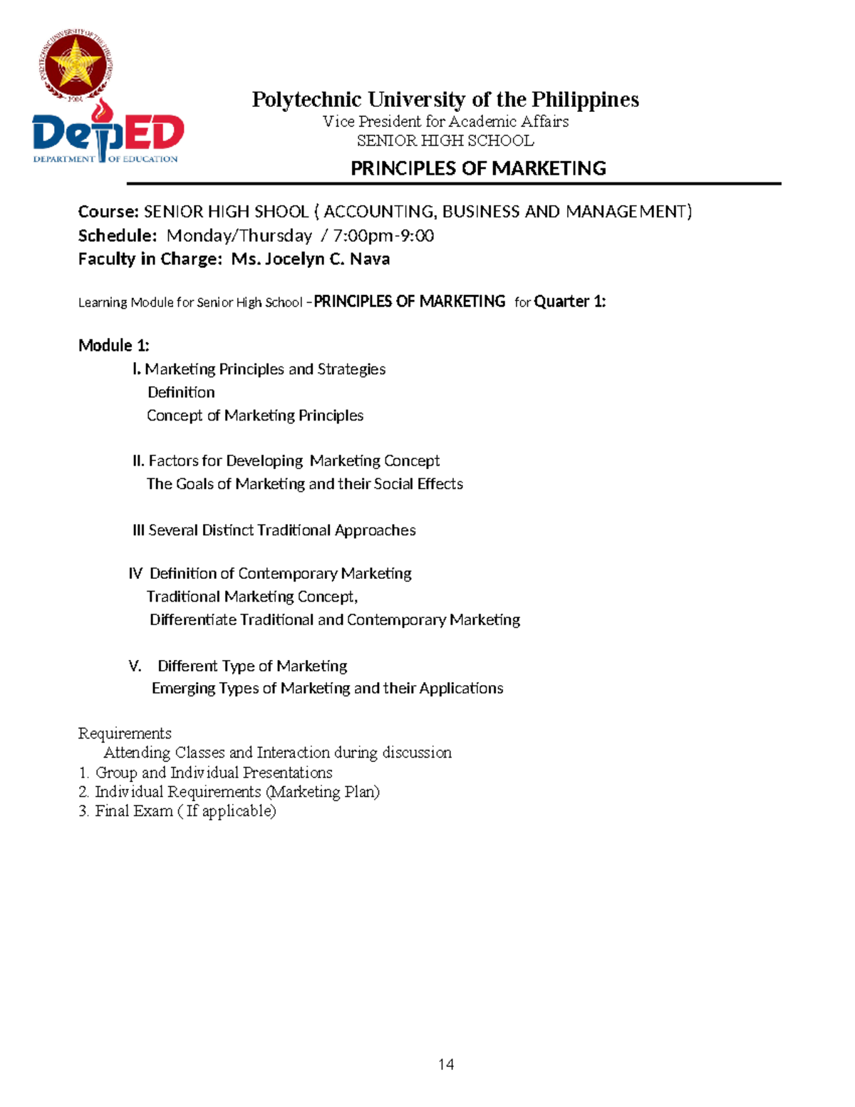 March 28 Principle of Marketing 20222 Summary of Syllabus - Polytechnic ...