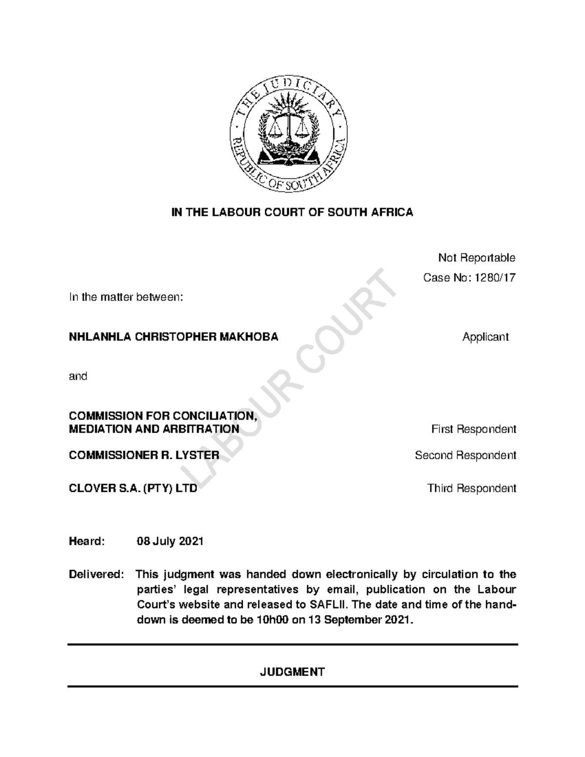 Makhoba v ccma 2021 1280-17 lc - IN THE LABOUR COURT OF SOUTH AFRICA ...