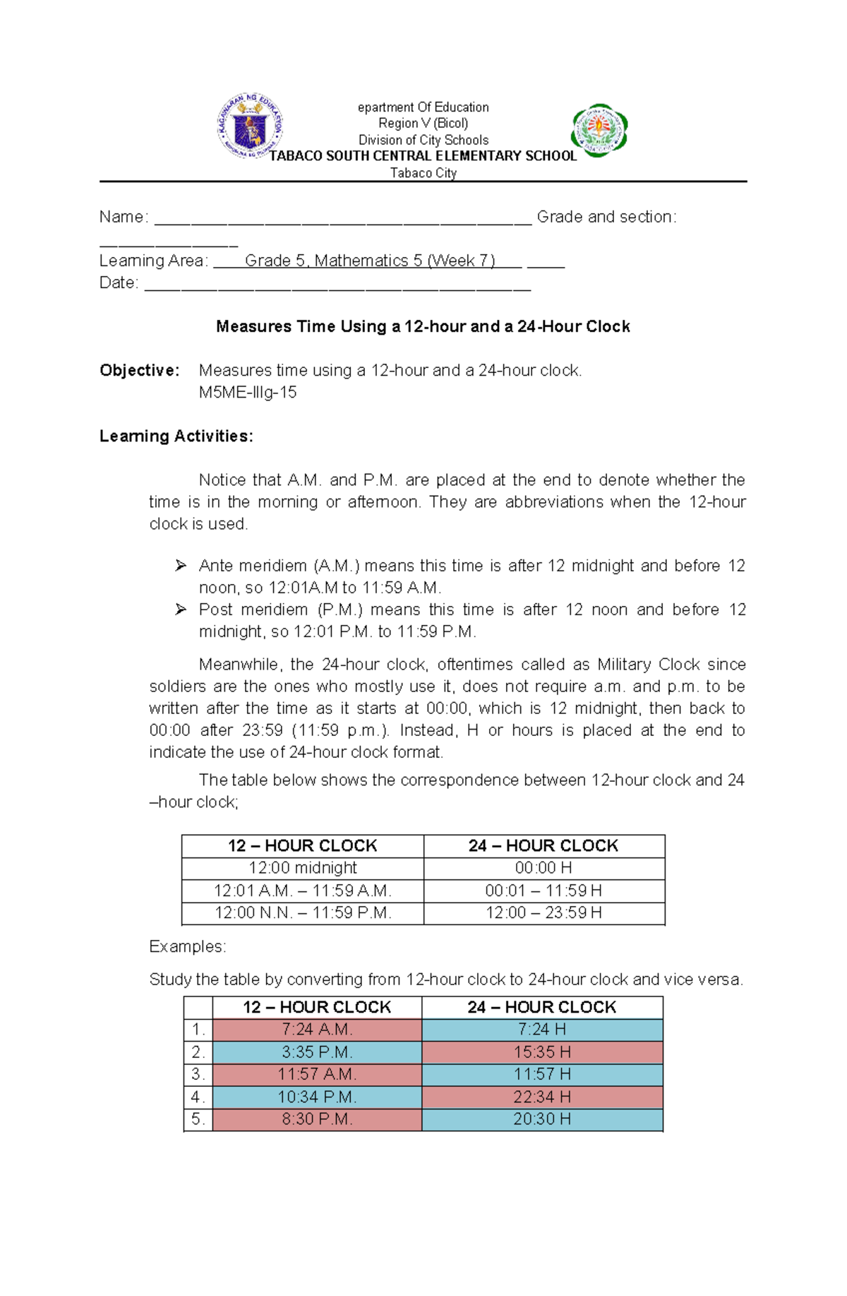 Activity sheet in Math 5 March 12 2024 - epartment Of Education Region ...
