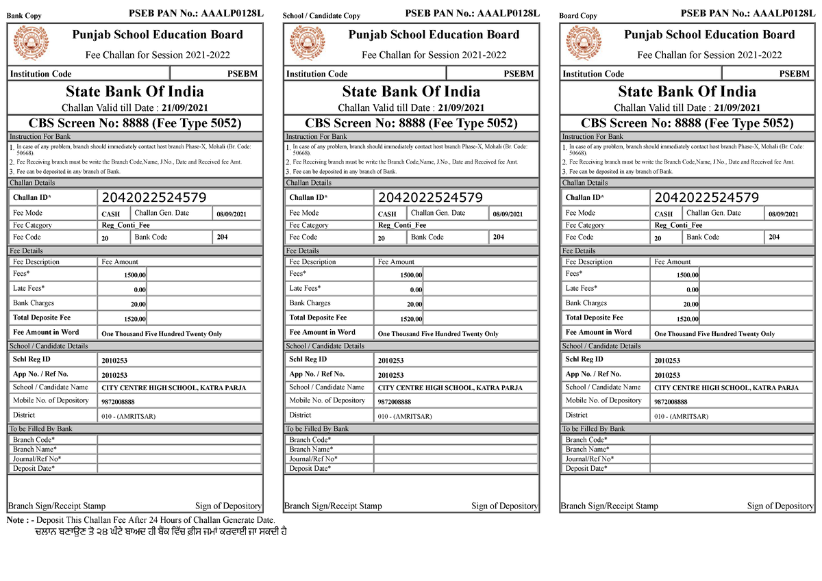 Print Challaan Punjab School Education Board PSEB PAN No AAALP0128L   Thumb 1200 849 