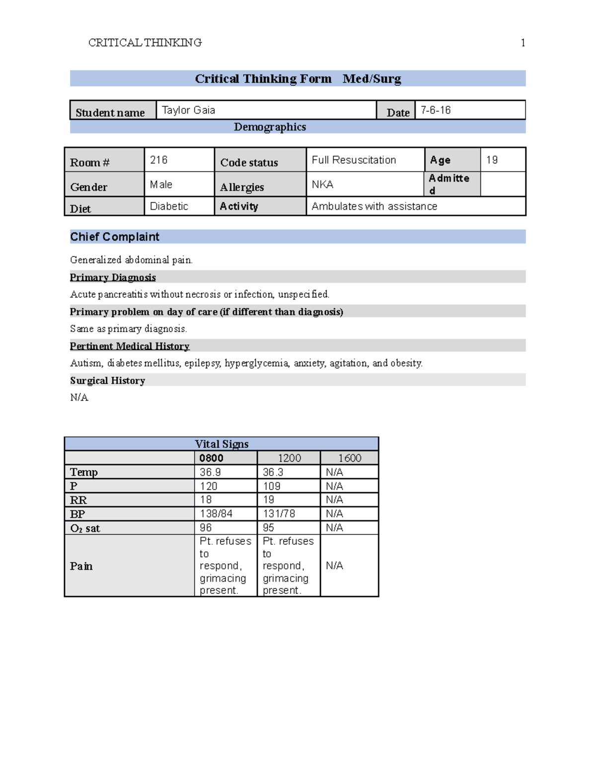 Critical thinking 2 - CRITICAL THINKING 1 Critical Thinking Form Med ...