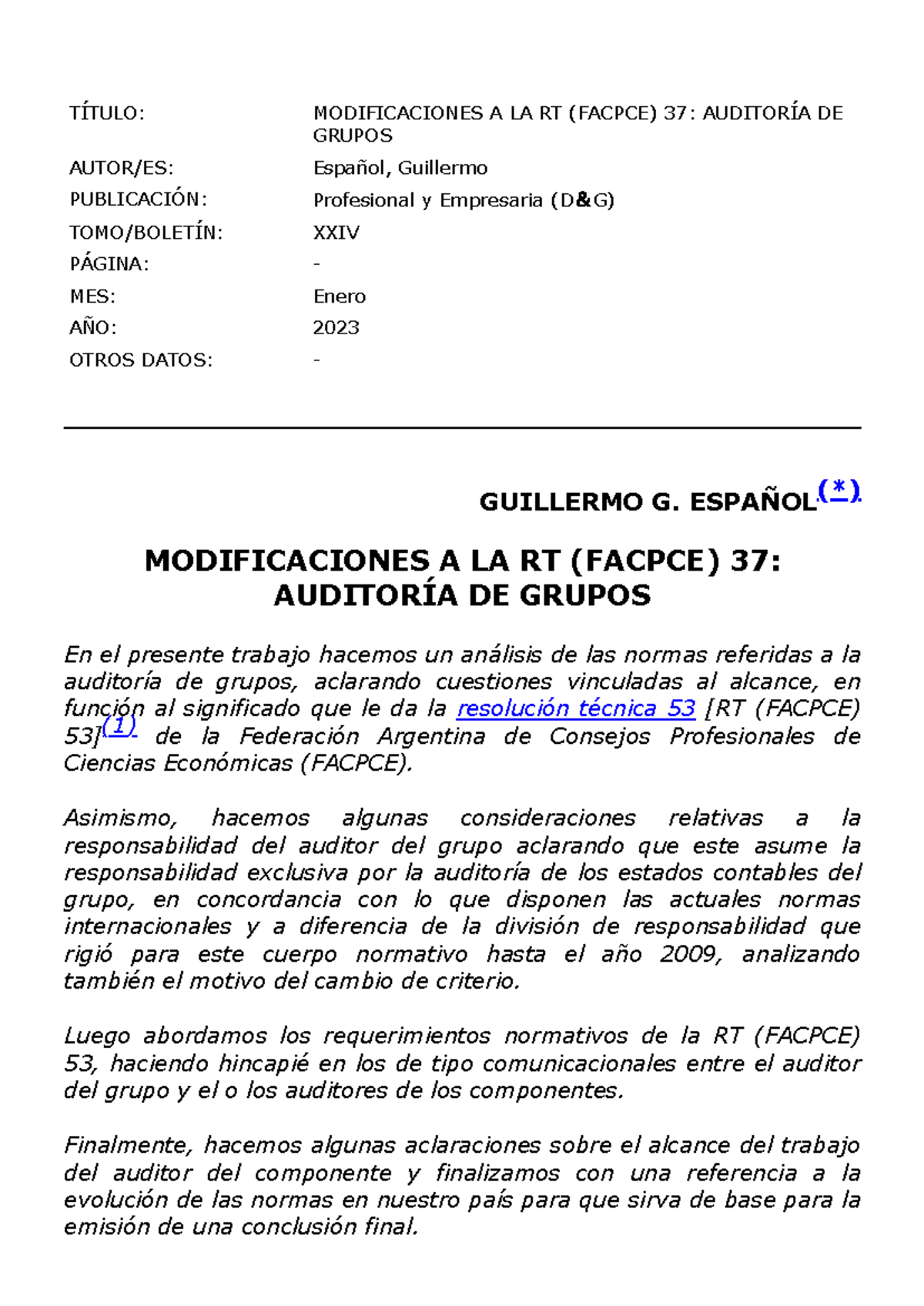 Auditoria de grupos - TÍTULO: MODIFICACIONES A LA RT (FACPCE) 37 ...