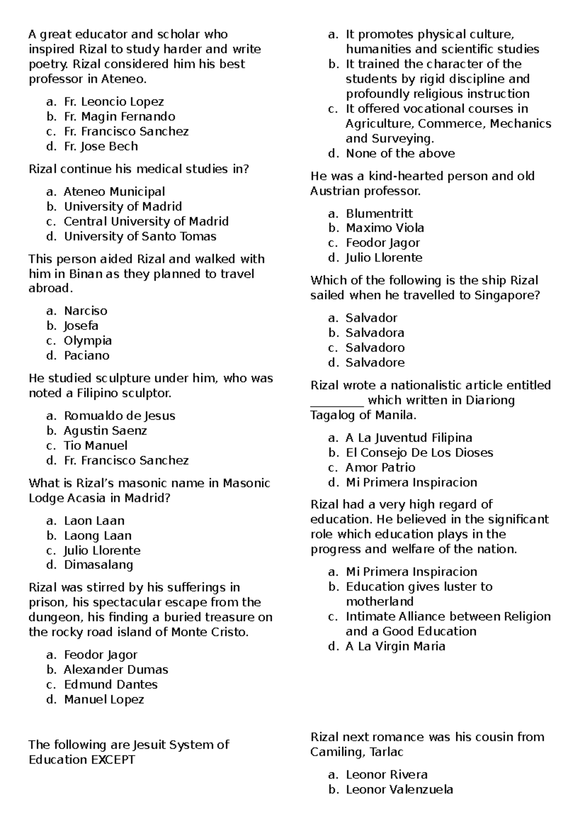 Quiz On Life And Works Of Dr. Jose Rizal - A Great Educator And Scholar ...