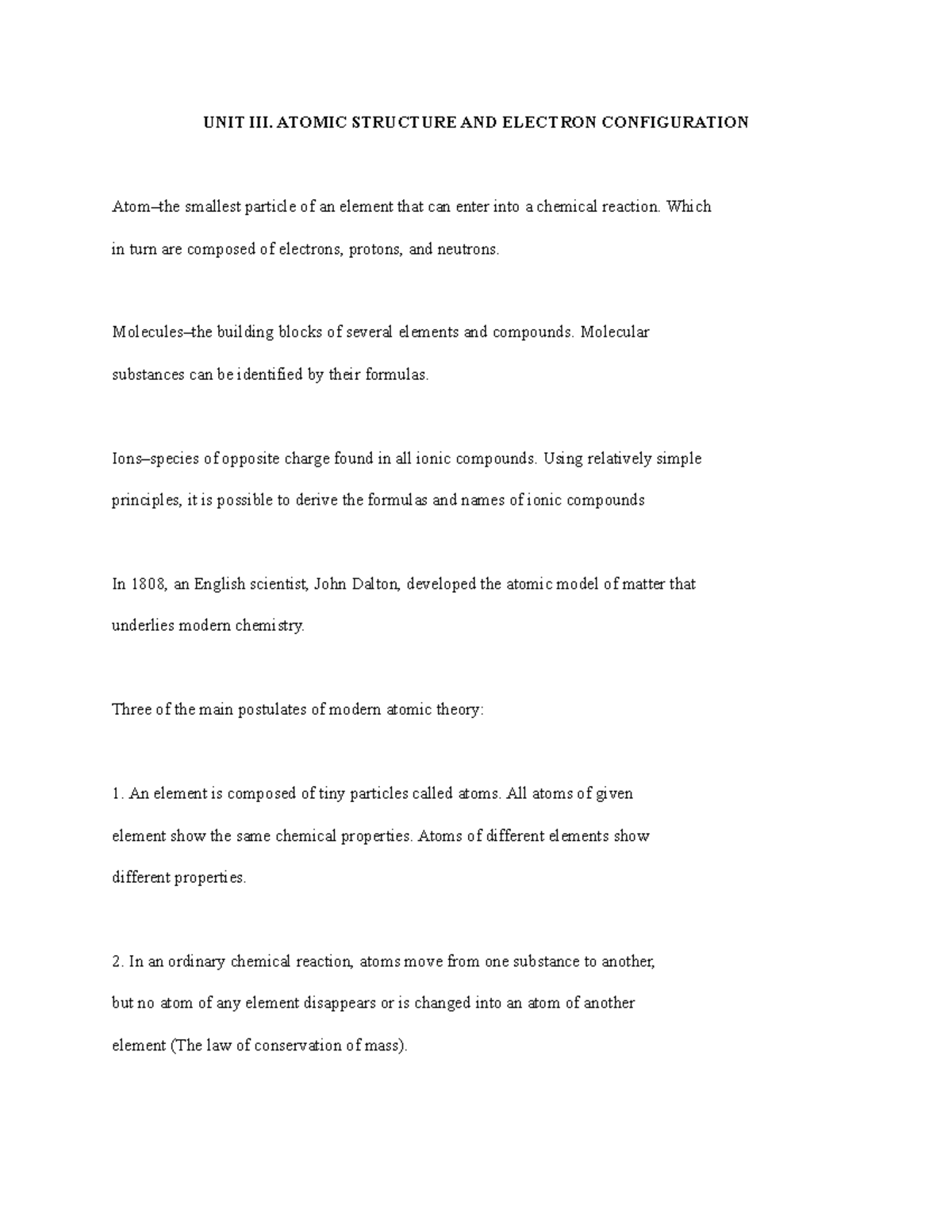 UNIT III. Atomic Structure AND Electron Configuration - UNIT III ...