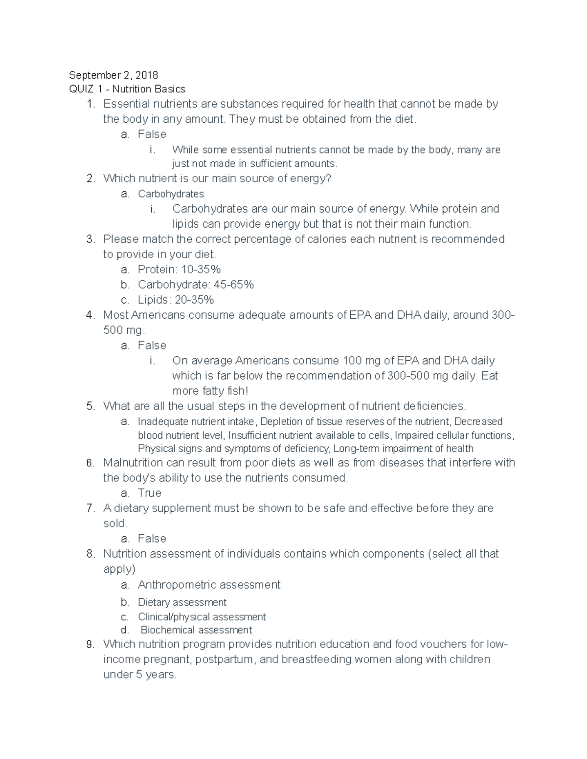 QUIZ Notes - September 2, 2018 QUIZ 1 Nutrition Basics 1. Essential ...