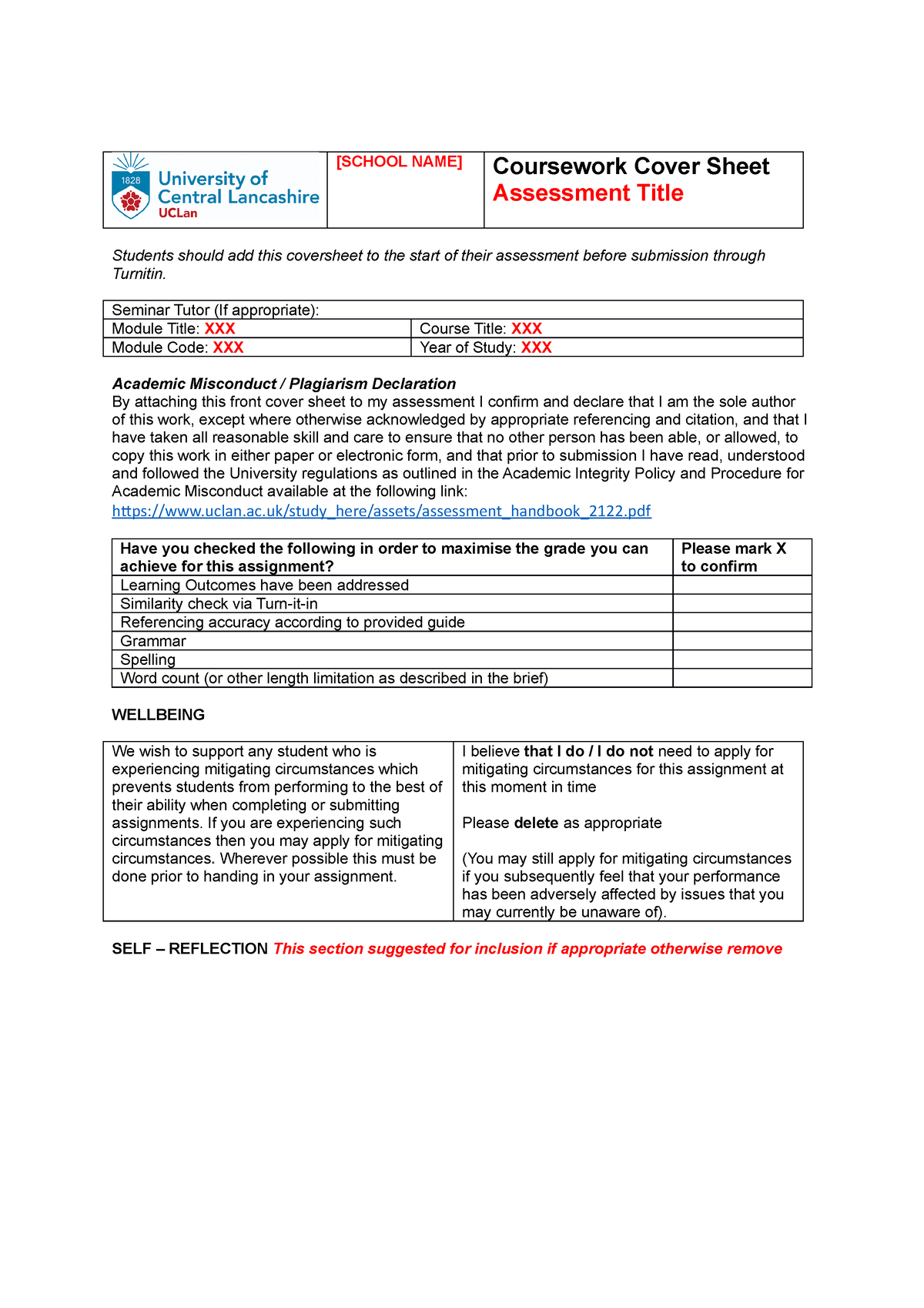 uclan dissertation cover sheet