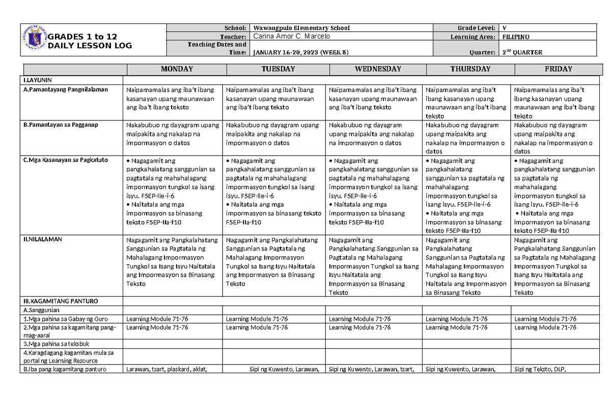 DLL Filipino 5 Q2 W8 - GRADES 1 to 12 DAILY LESSON LOG School ...