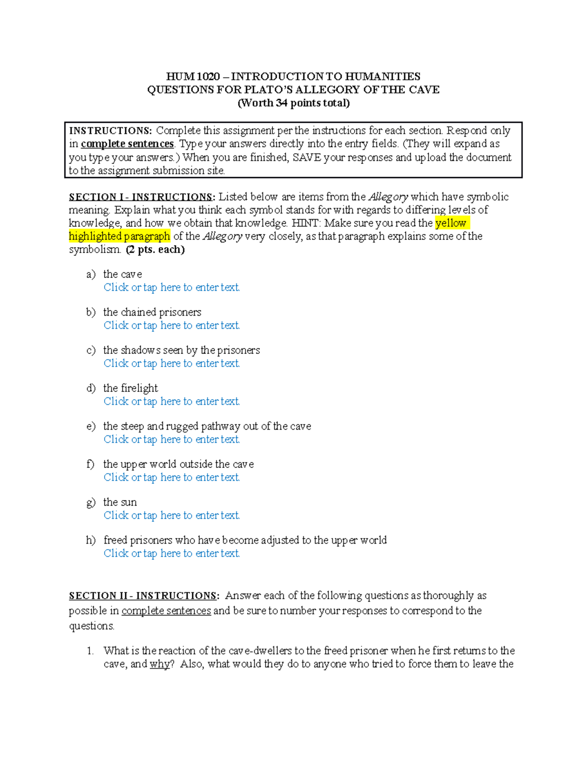 Allegory of the Cave Questions Entry Fields - HUM 1020 – INTRODUCTION ...