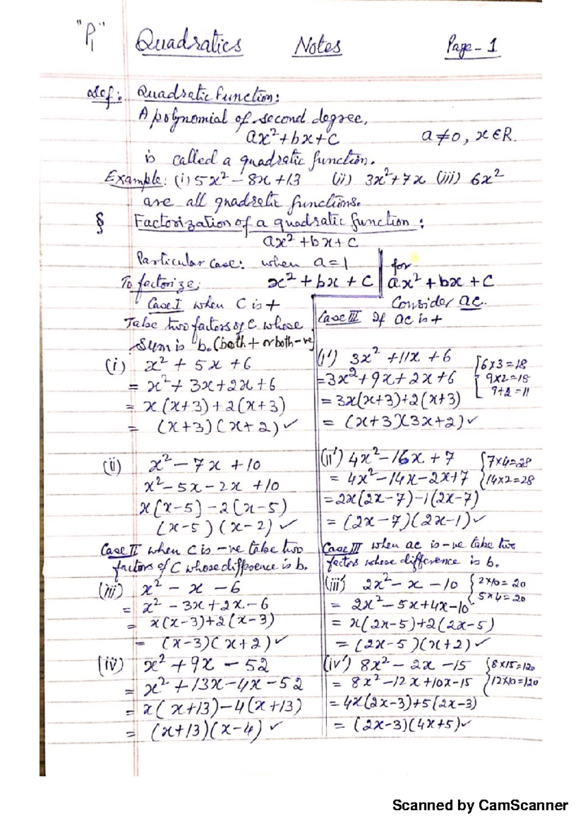 P1-quadratics-notes - very detailed - Quadratics Notes 1 Lef: Quadratic ...