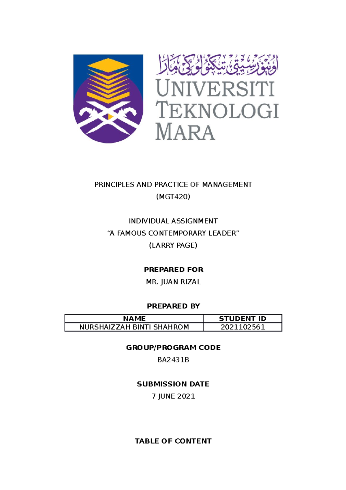 Famous Contemporary Leader Individual Assignment Management Principles And Practice Of Management Studocu