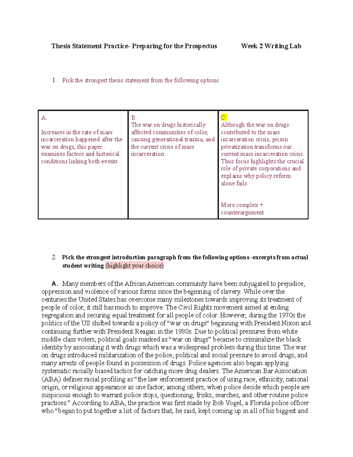 Writing lab 2 - Thesis Statement Practice- Preparing for the Prospectus ...