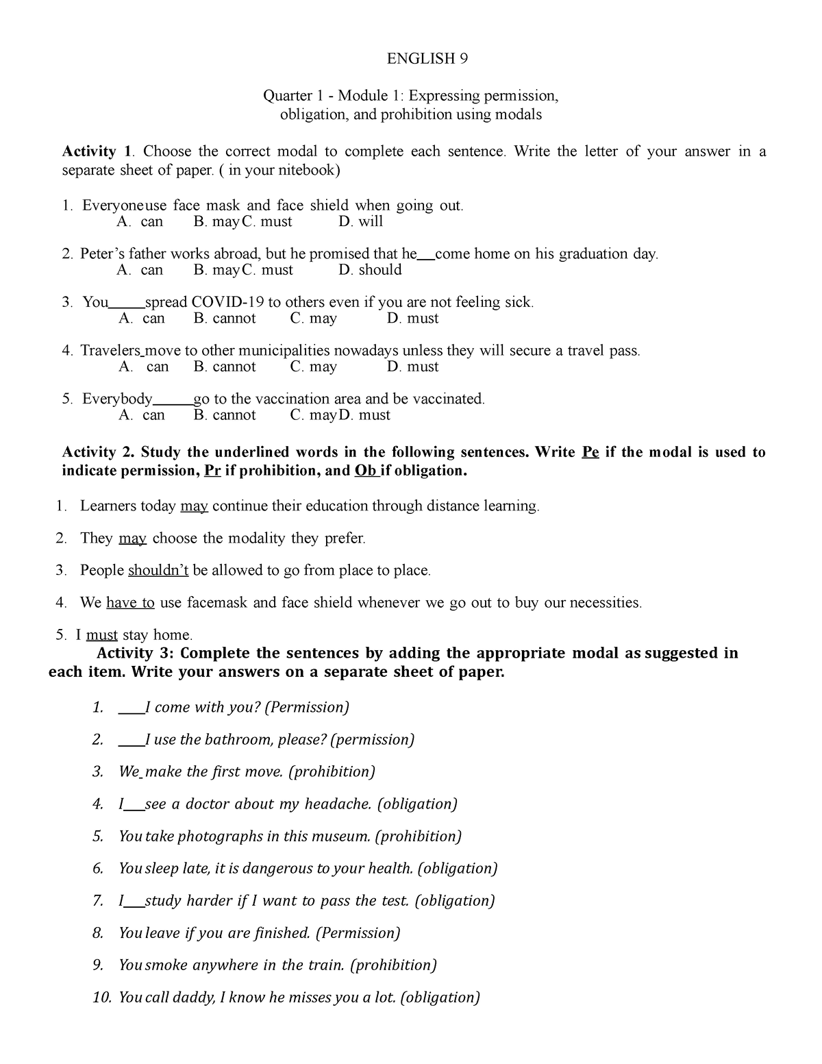 English 9 Modals - ENGLISH 9 Quarter 1 - Module 1: Expressing ...