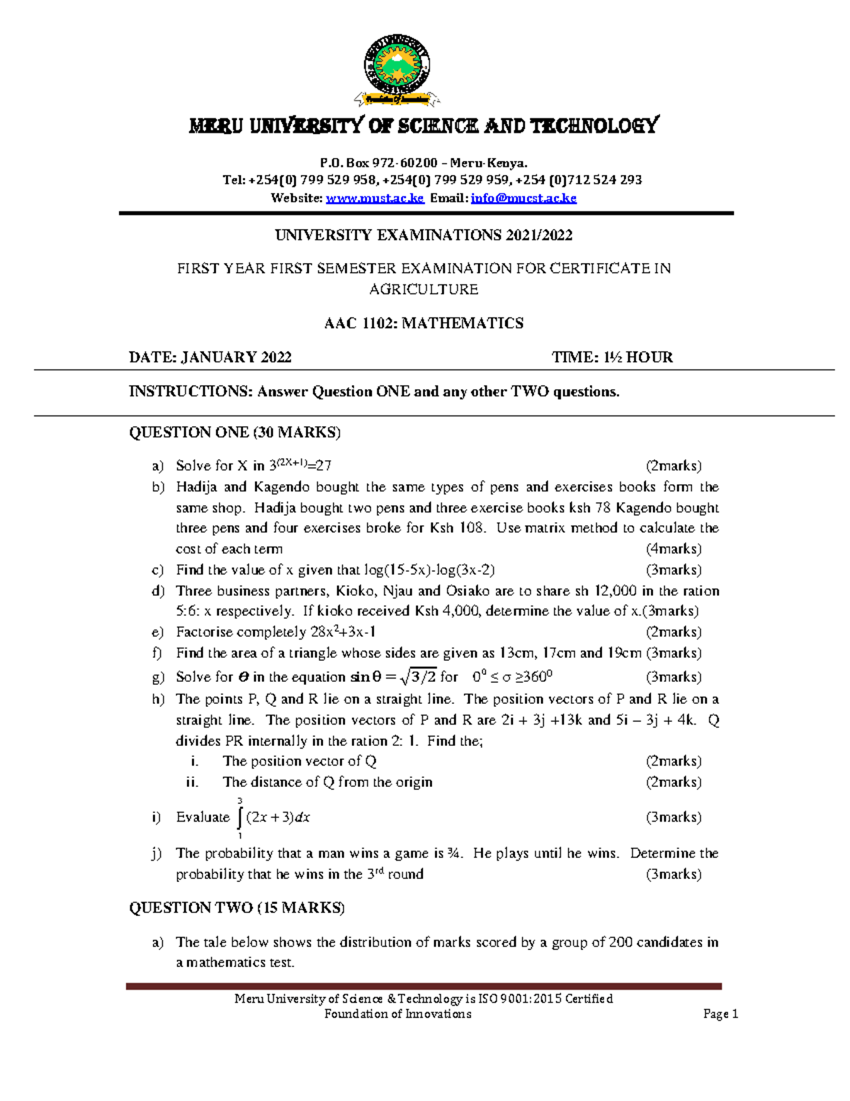 AAC 1102 Mathematics 3 - Notes and sample papers Past papers that will ...