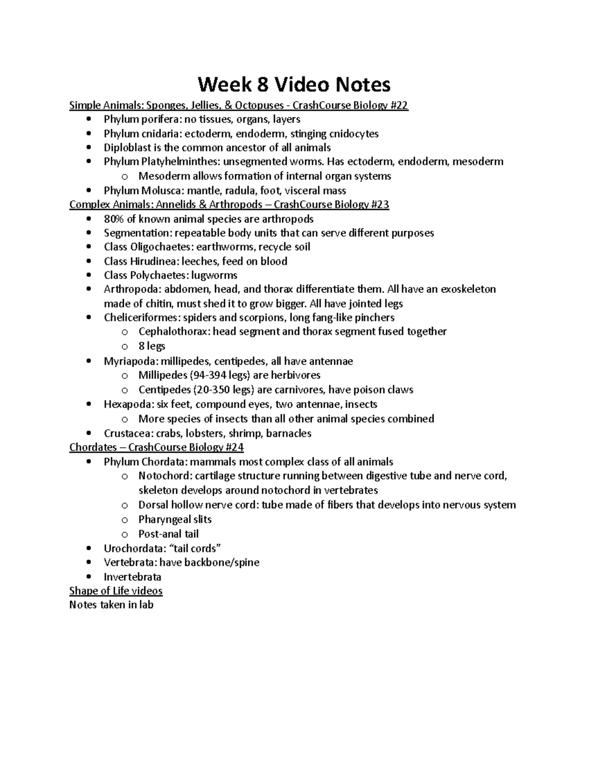 Week 8 Video Notes - Kingdom Animalia - Week 8 Video Notes Simple ...