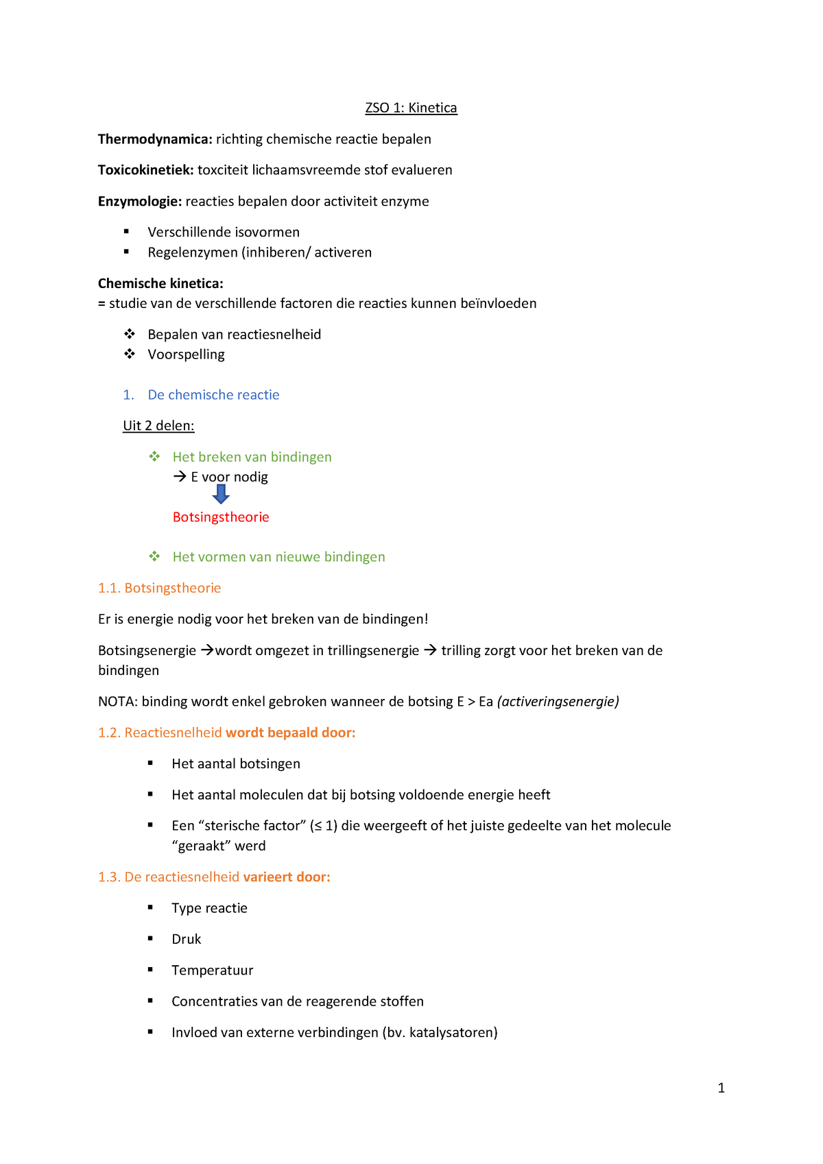 ZSO 1 - 2de Bach Biomedische Wetenschappen - ZSO 1: Kinetica ...