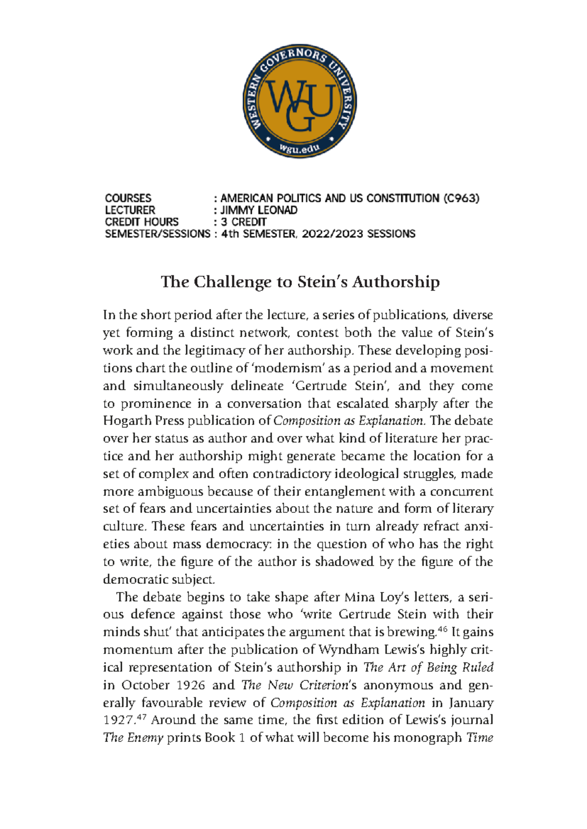 C963 Western Governor University American Politics AND US Constitution ...