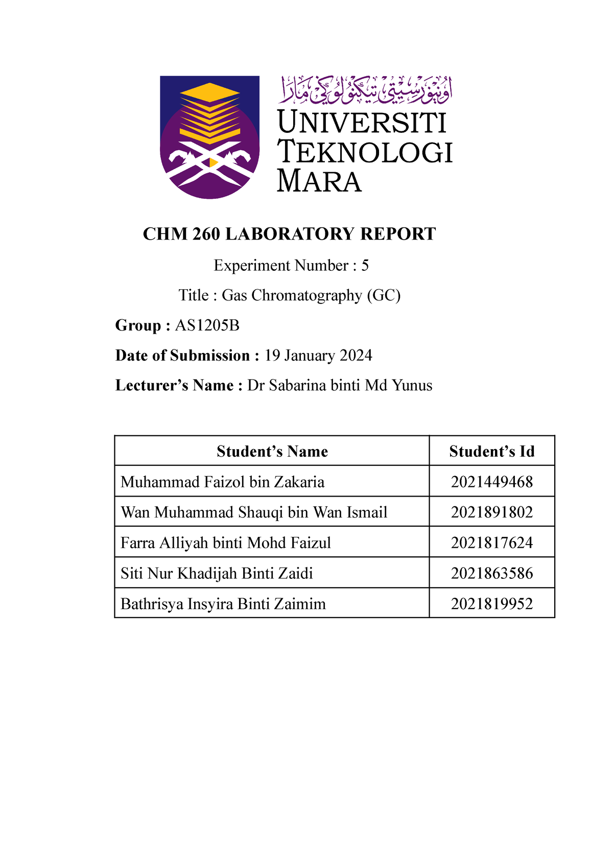 CHM 260 EXP 5 - Semoga Bermanfaat - CHM 260 LABORATORY REPORT ...