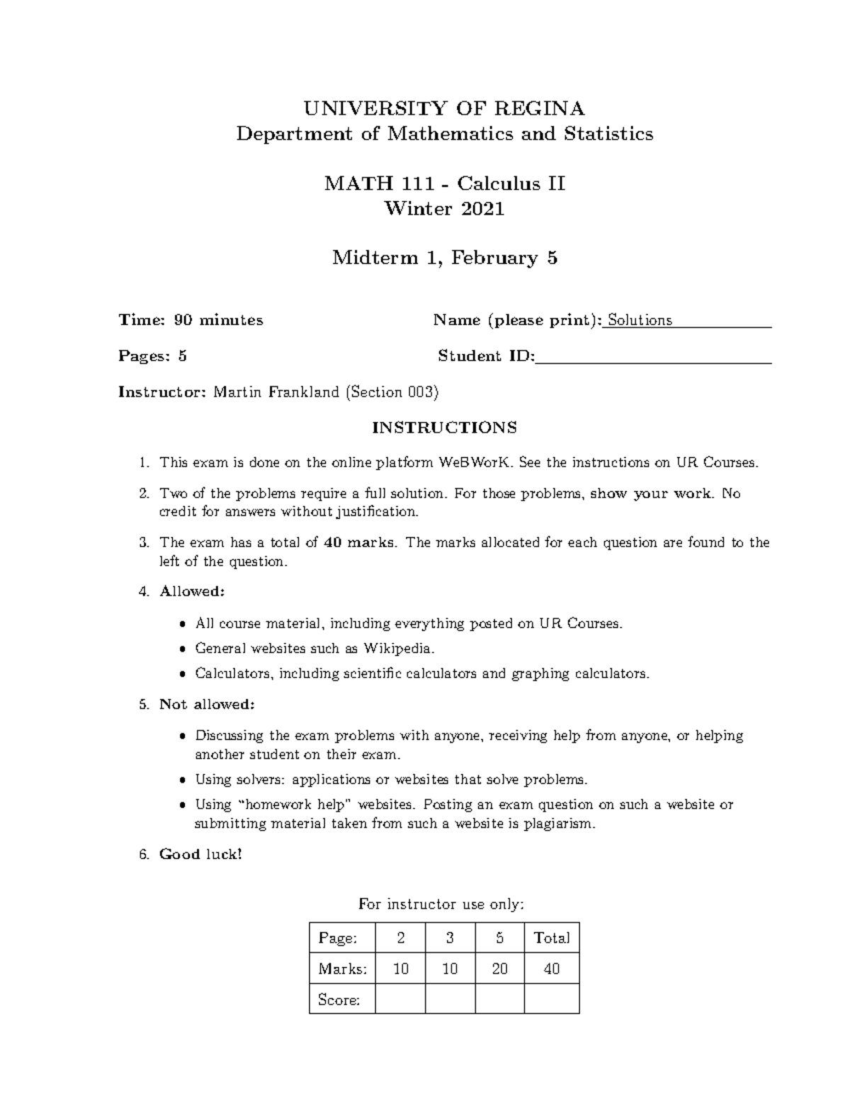 Math111 W2021 Midterm 1 Sol - UNIVERSITY OF REGINA Department Of ...