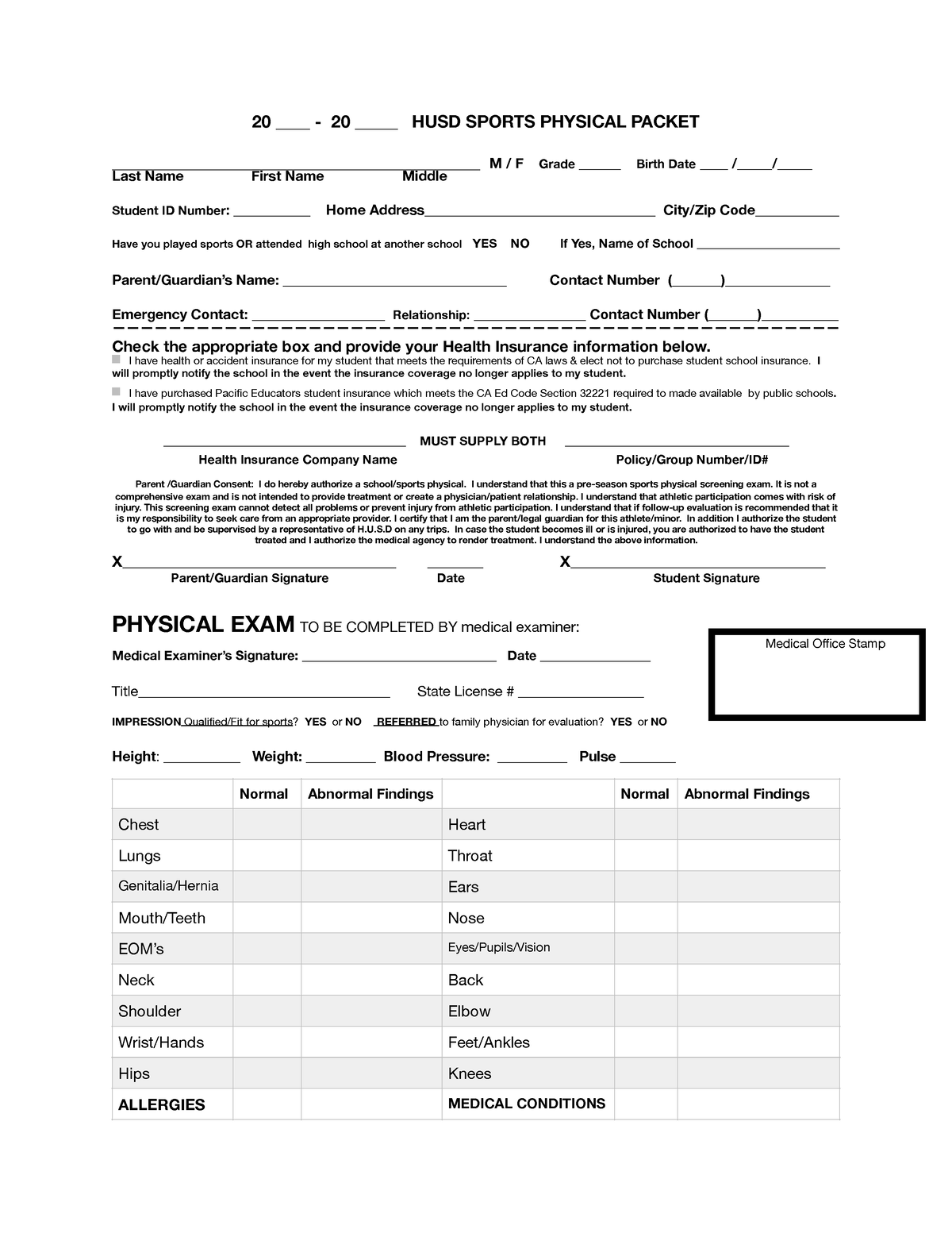 HUSD PhysicalMedical Form 20 ____ 20 _____ HUSD SPORTS PHYSICAL