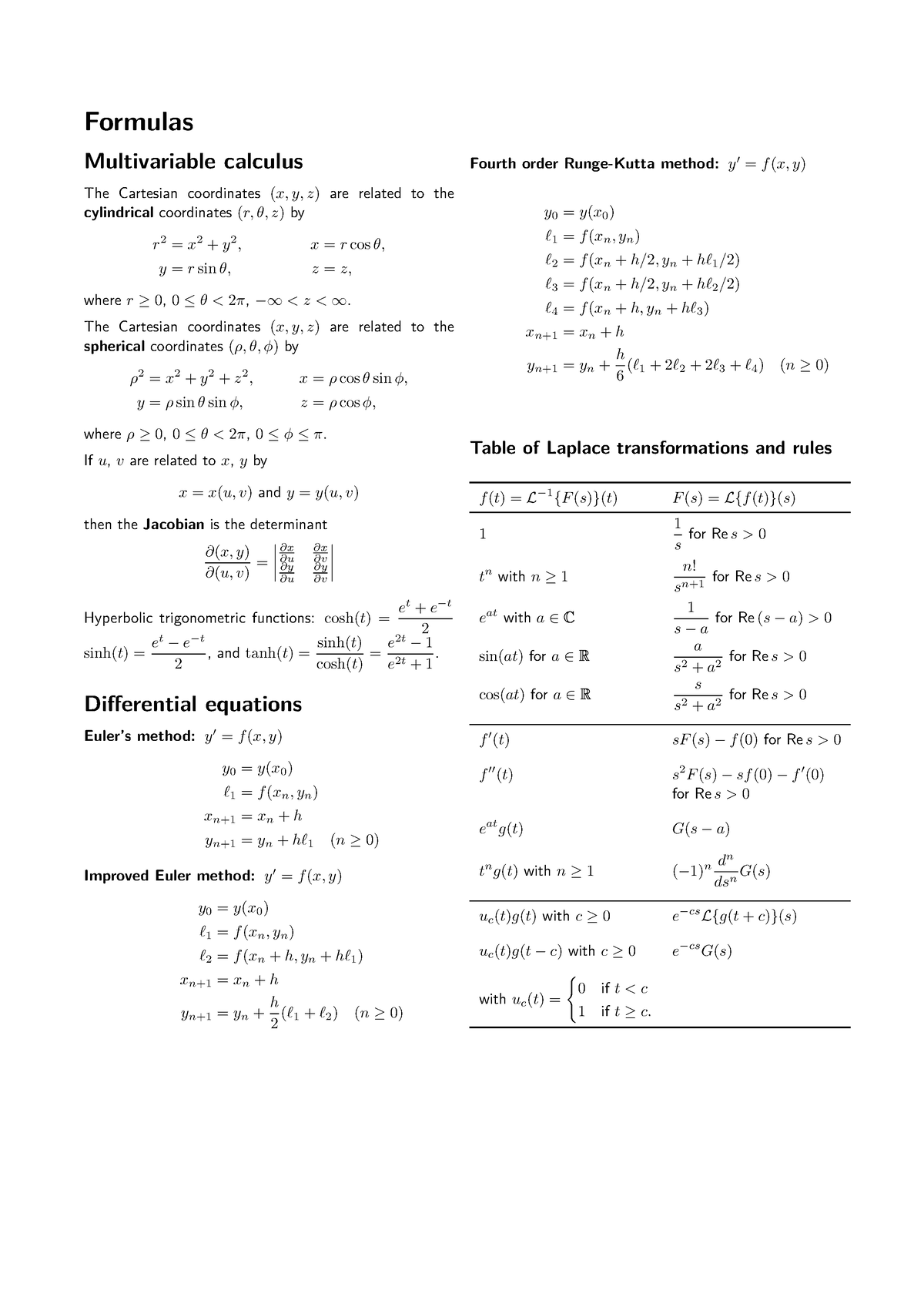 Exam Formulas - Lecture notes 1 - MATH2310 - UoN - Studocu