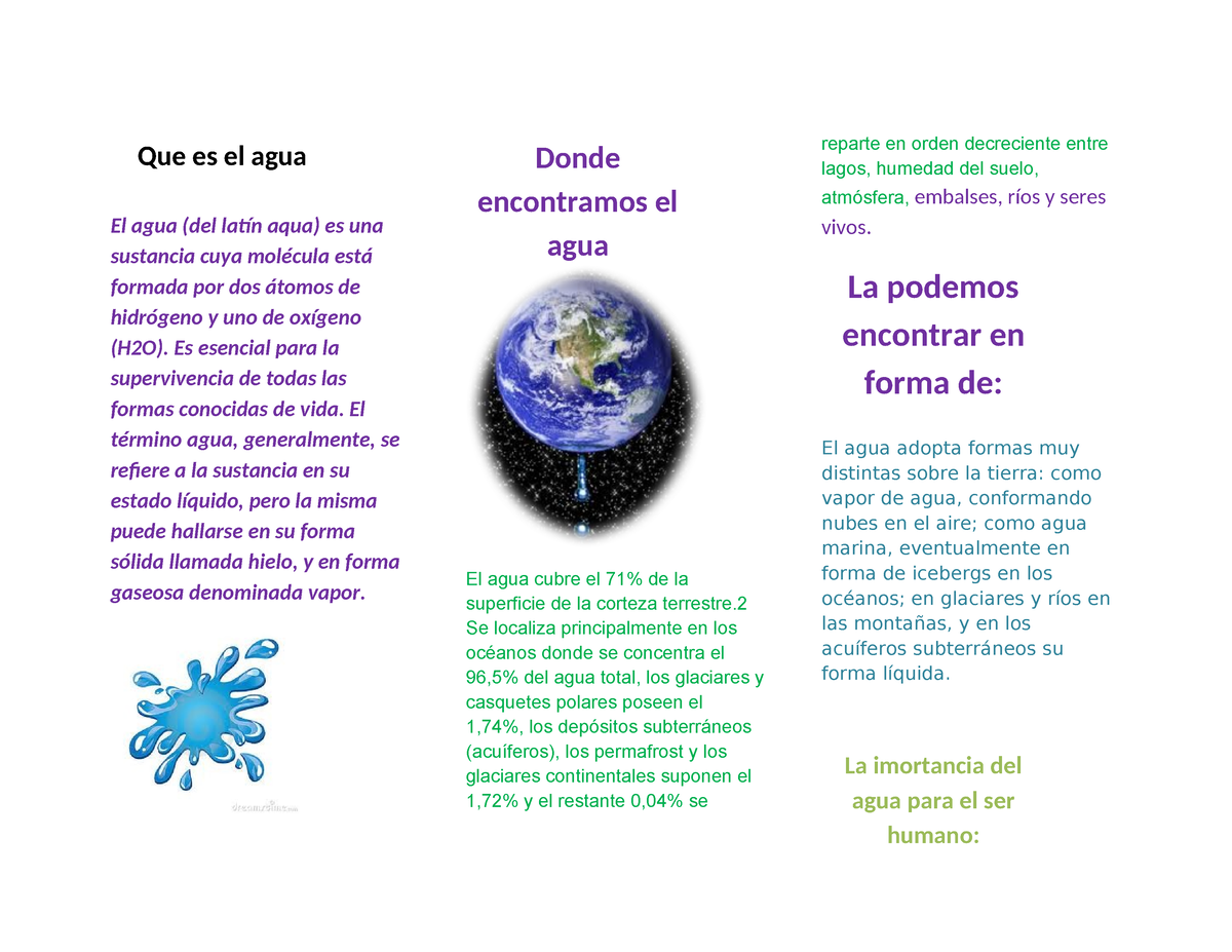 Triptico-del-agua - Jajaja - El Agua (del Latín Aqua) Es Una Sustancia ...