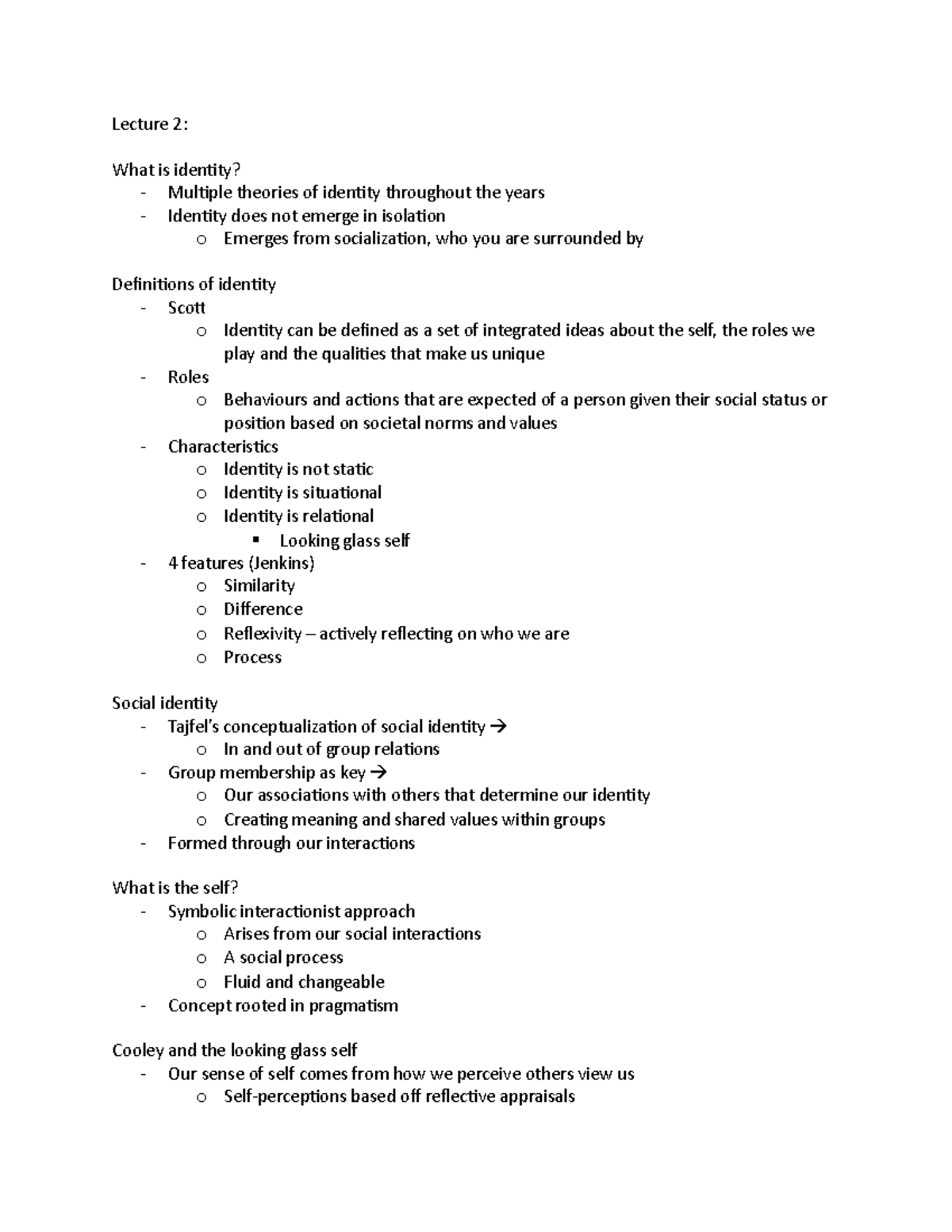 Midterm notes - Lecture 2: What is identity? - Multiple theories of ...