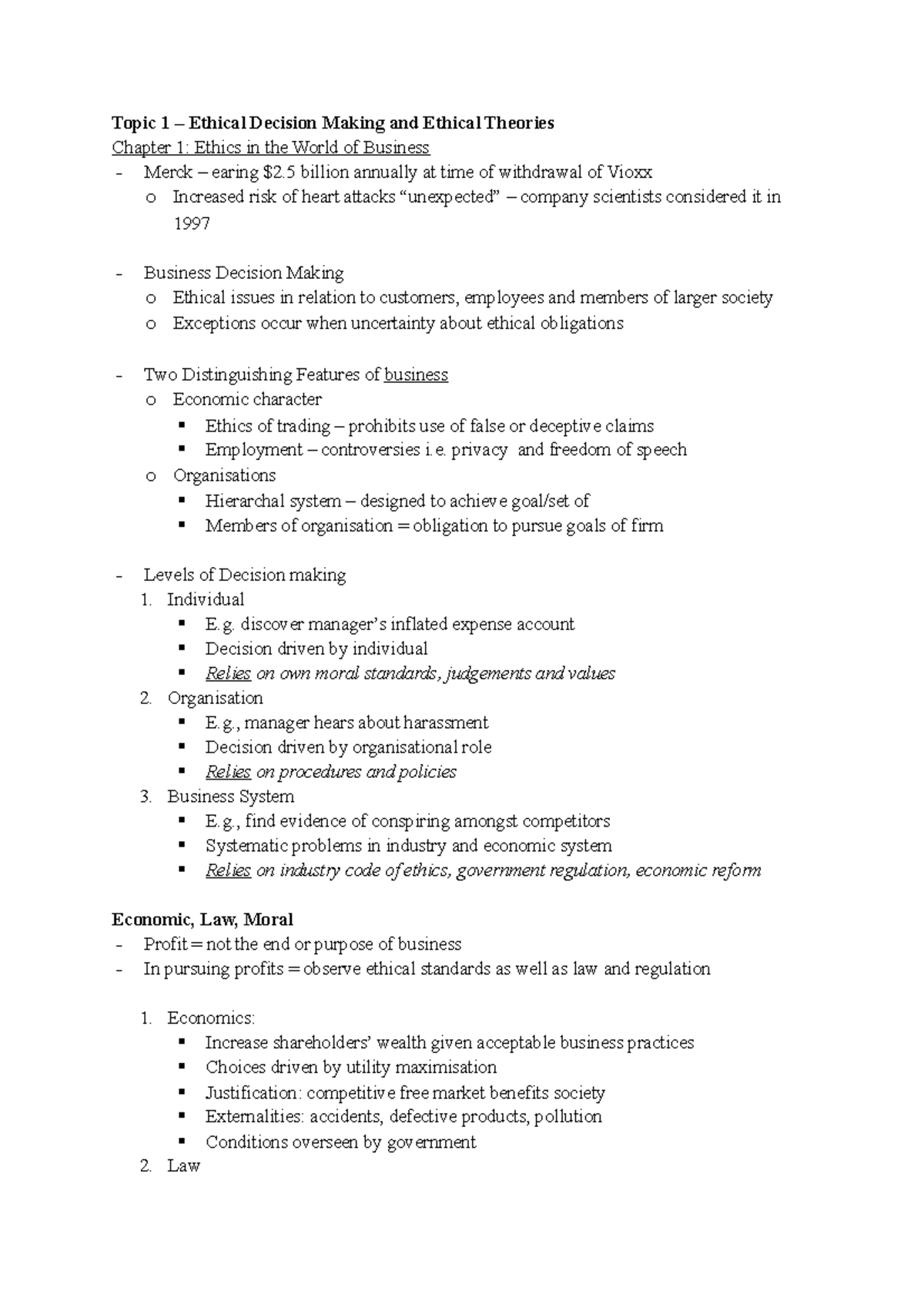 Topic 1 and Topic 2 - Topic 1 – Ethical Decision Making and Ethical ...