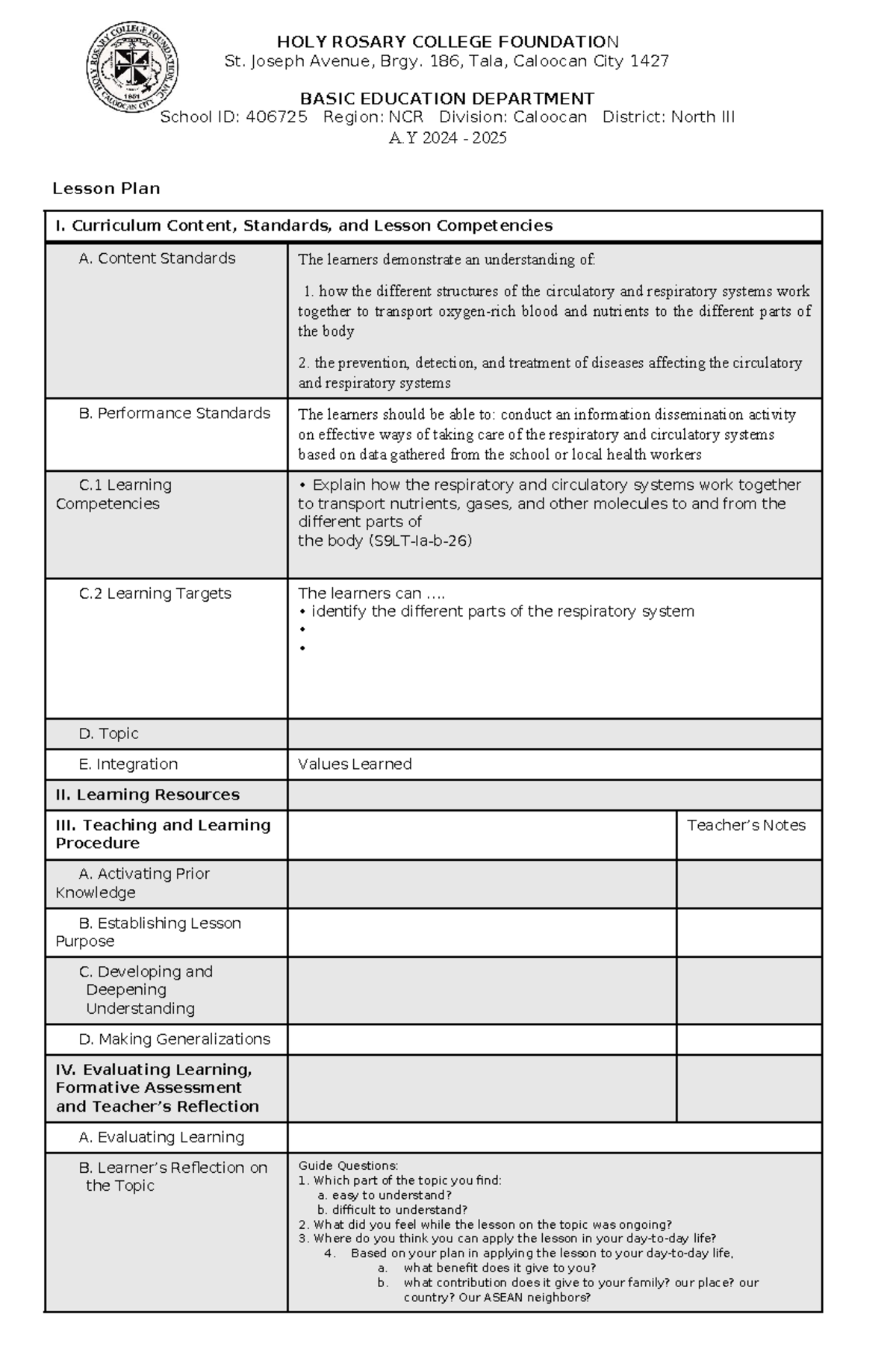 K 6 Lesson Plan Template - HOLY ROSARY COLLEGE FOUNDATION St. Joseph ...