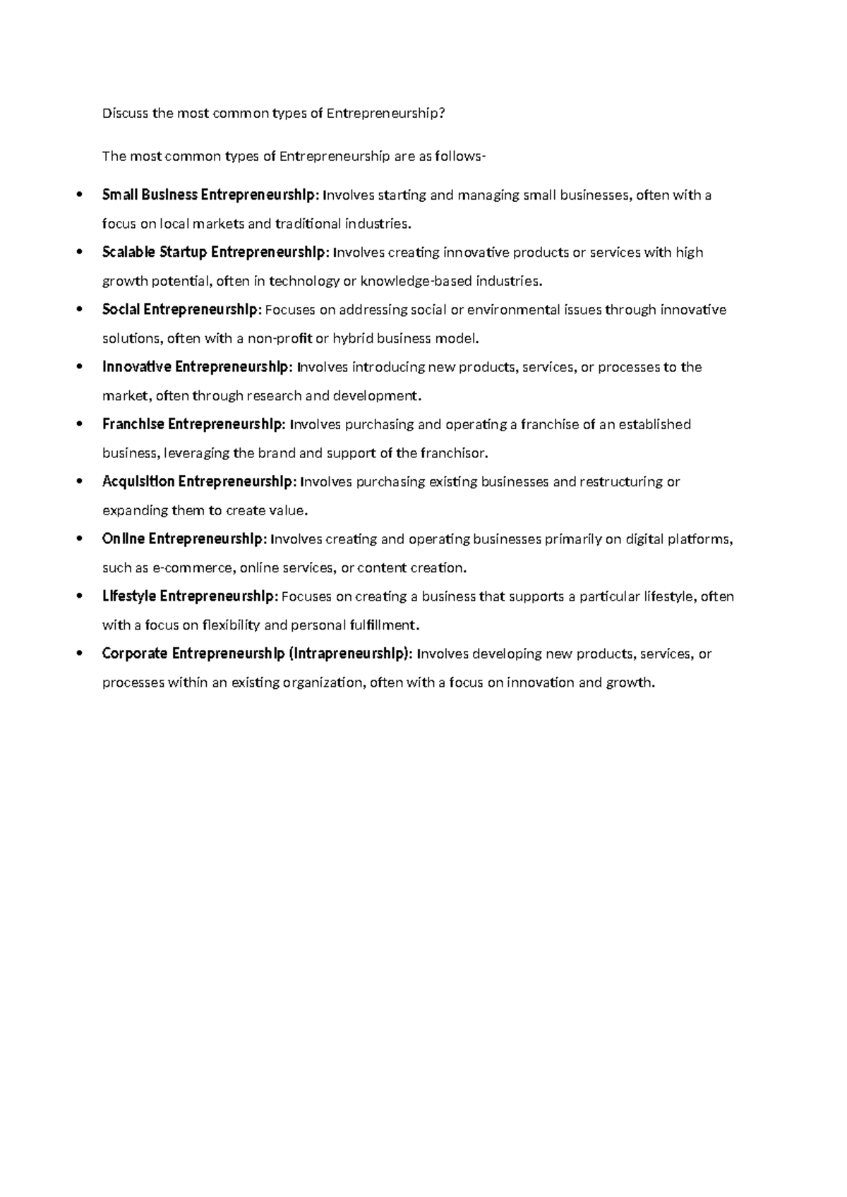 Discussion Notes - Discuss the most common types of Entrepreneurship ...