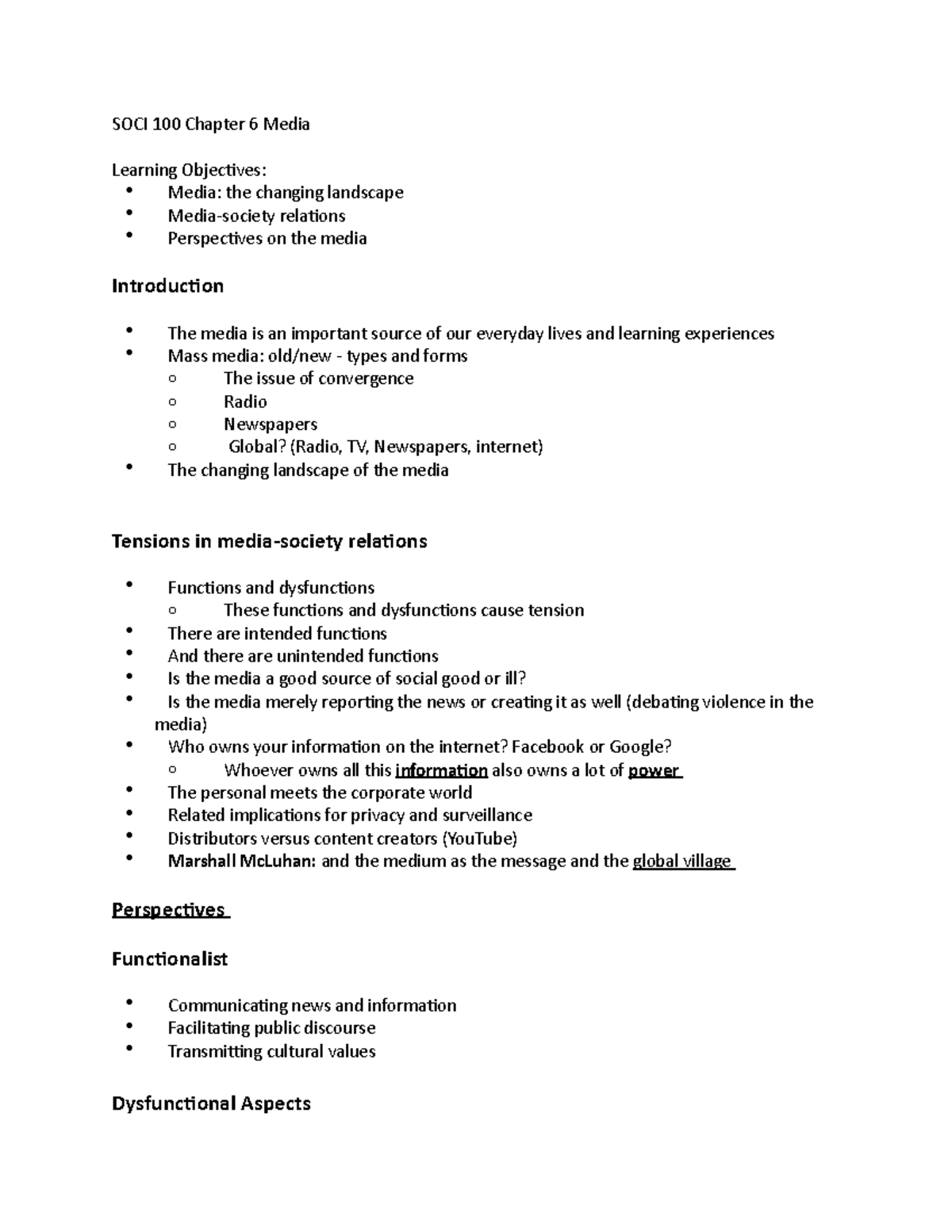 SOCI 100 Chapter 6 Media - SOCI 100 Chapter 6 Media Learning Objectives ...