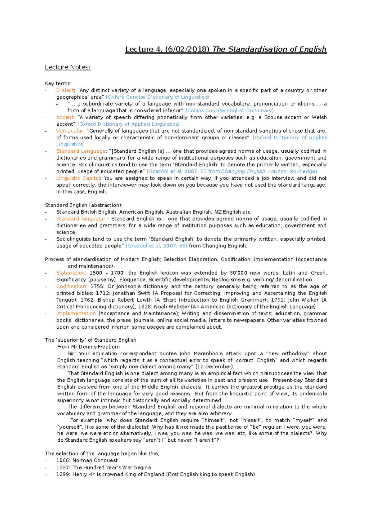 Lecture 4, (6:02:2018 ) Standardisation of English - Lecture 4, (6/02 ...