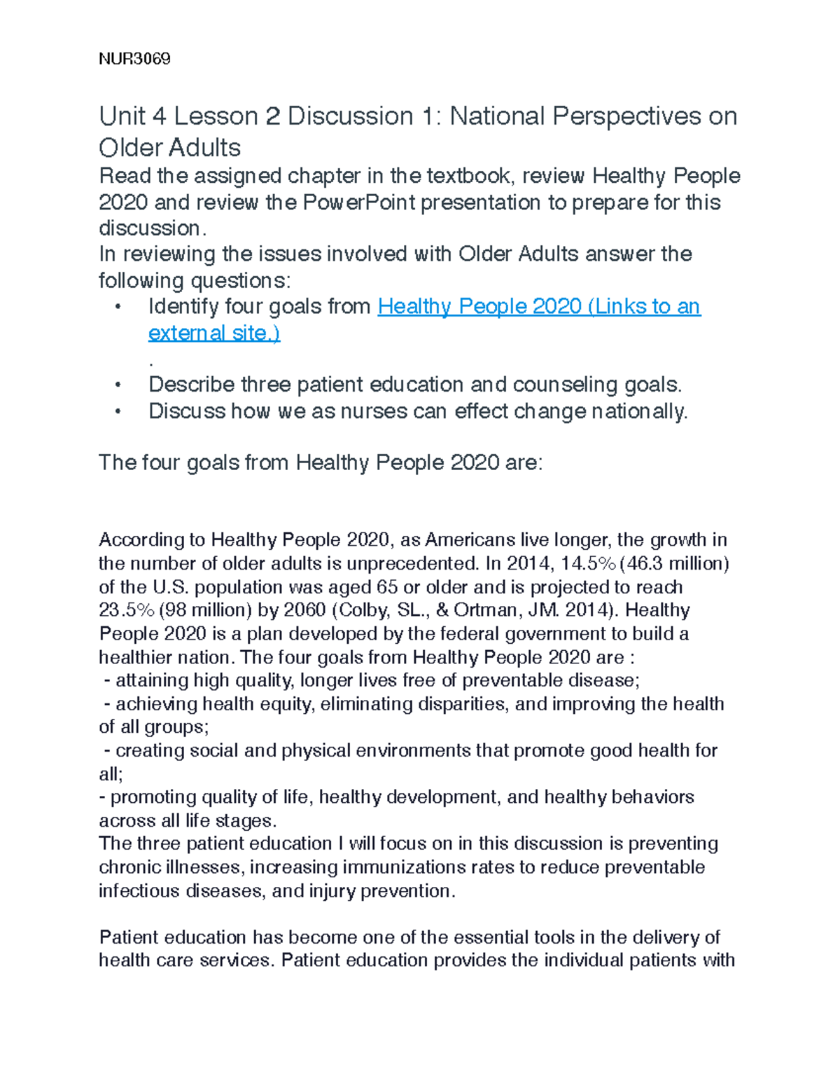 National Perspectives on Older Adults - NUR Unit 4 Lesson 2 Discussion ...