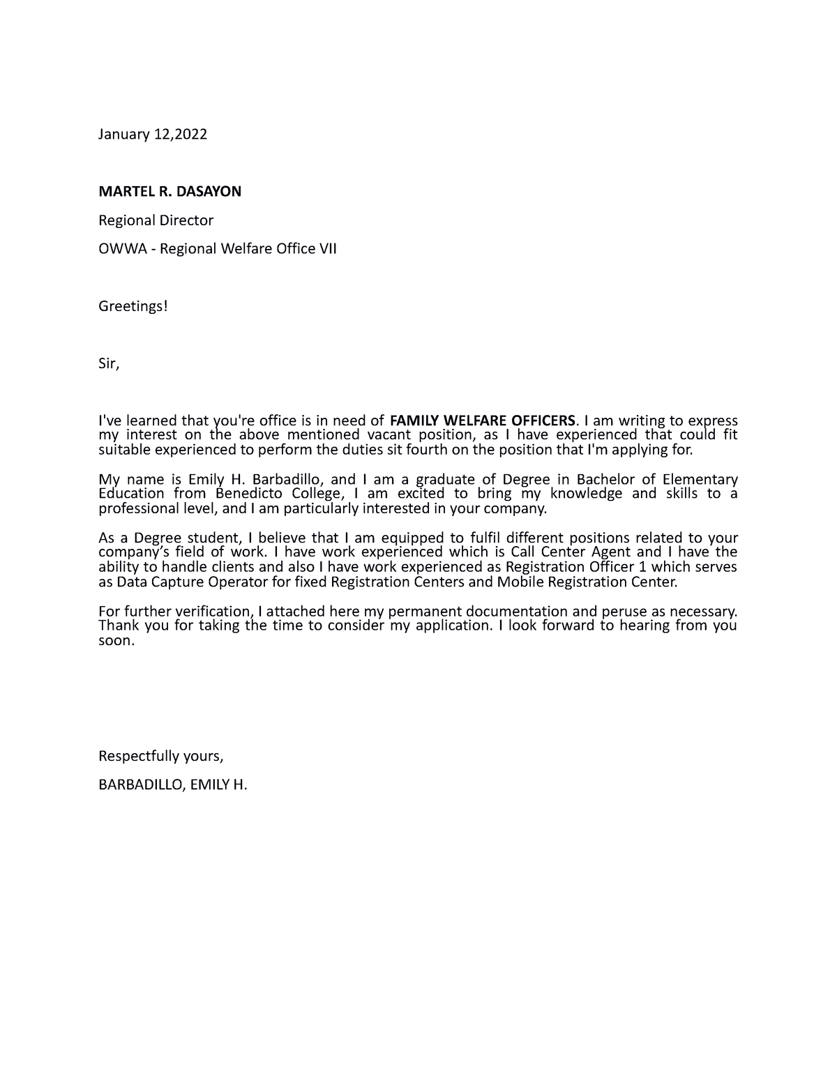 Application Letter (1) - January 12, MARTEL R. DASAYON Regional ...