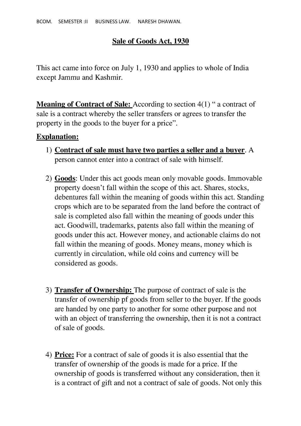 Sale Of Goods Part I - Sale Of Goods Act, 1930 This Act Came Into Force ...