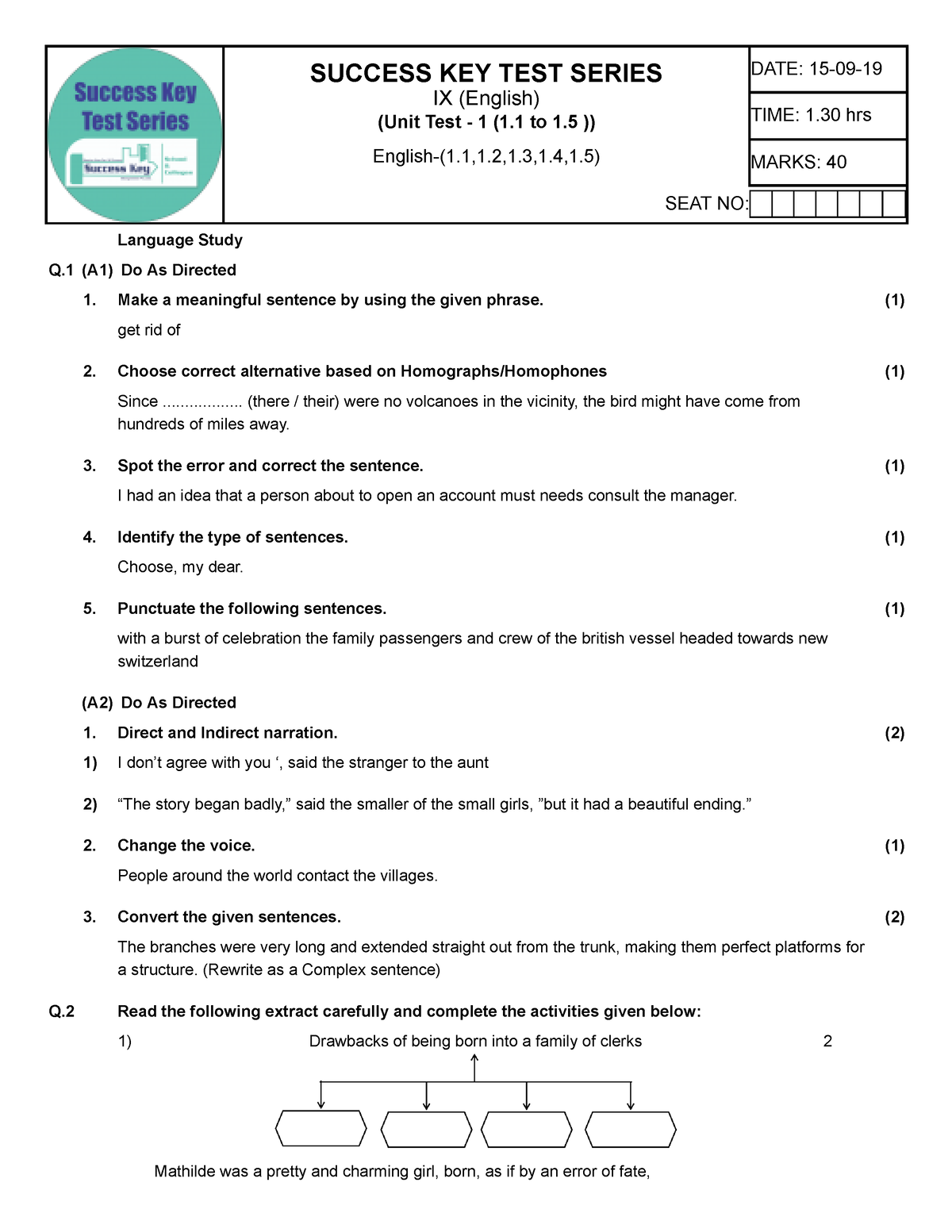 Class 9 E Unit T-1 English Q - SEAT NO: SUCCESS KEY TEST SERIES IX ...