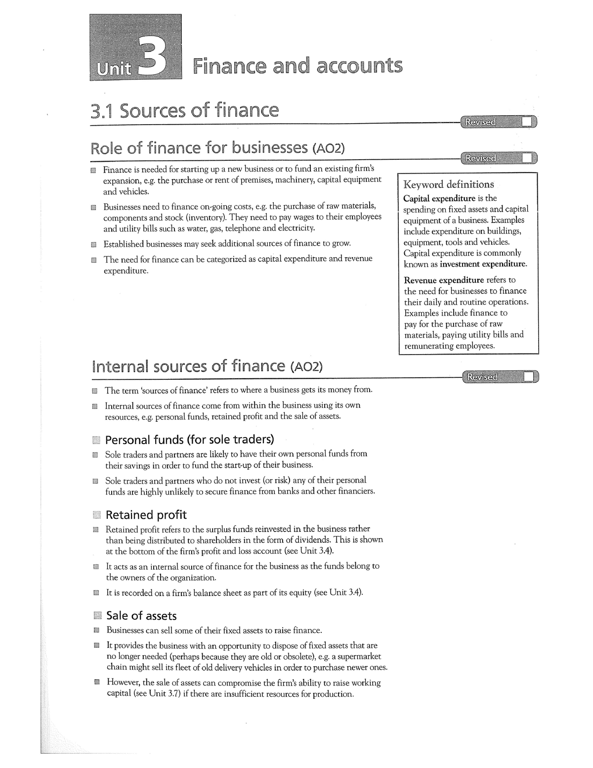 Unit 3 Finance And Accounts Revision Guide Business Management 