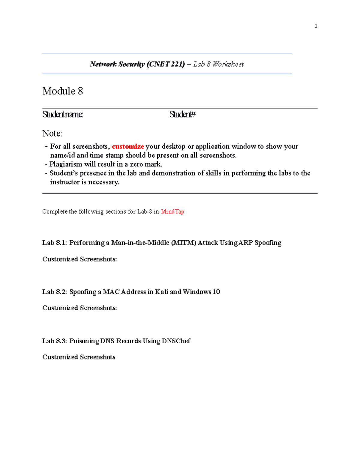 Lab 8 instruction - 1 Network Security (CNET 221) – Lab 8 Worksheet ...