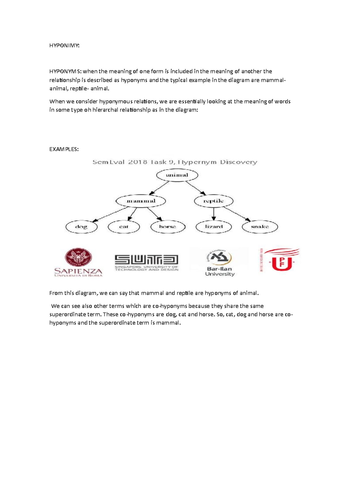 Hyponimy Apuntes Hypomimy concepts and example HYPONIMY HYPONYMS