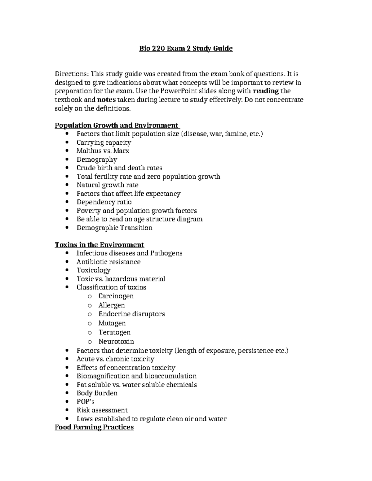 Bio 220 Exam 2 Study guide Bio 220 Exam 2 Study Guide Directions