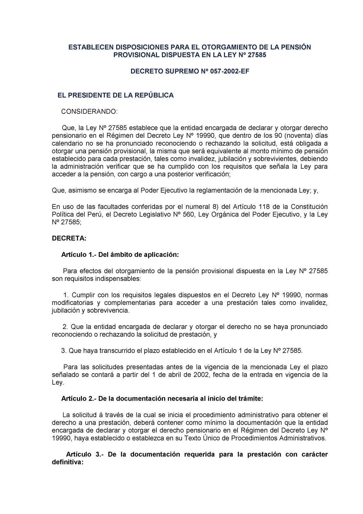 Decreto Supremo 057 2002 EF - ESTABLECEN DISPOSICIONES PARA EL ...