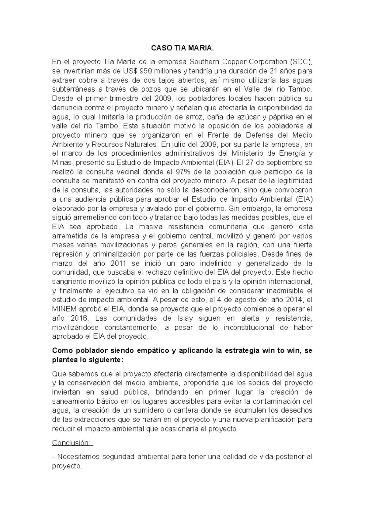 CASO TIA Maria CASO TIA MARIA. En el proyecto Tía María de la empresa