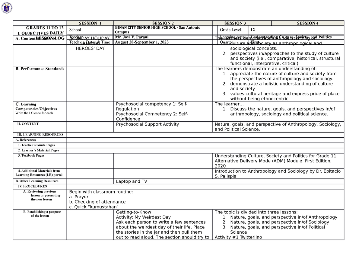 DLL UCSP WEEK 1 - Sample Lesson Plan For Week 1 - SESSION 1 SESSION 2 ...