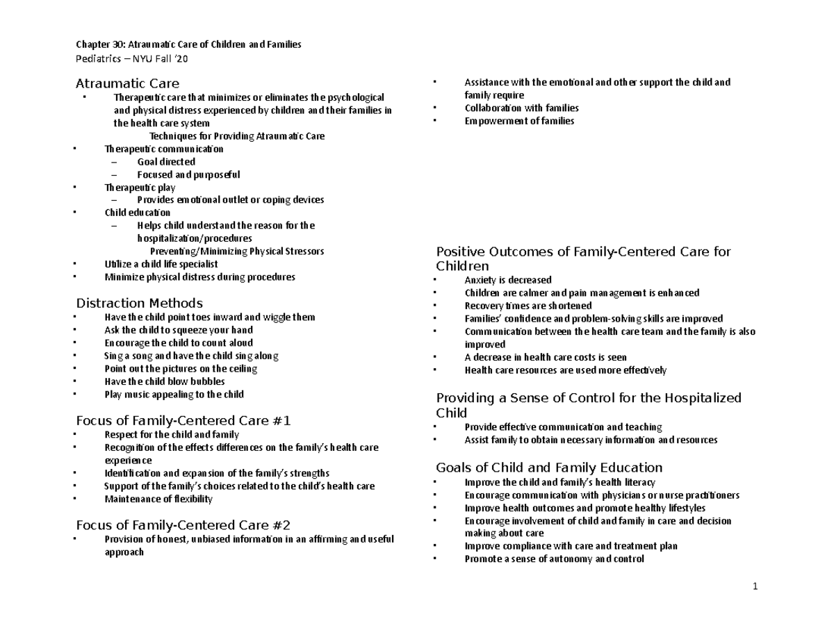 Ch. 30 Notes - Chapter 30: Atraumatic Care of Children and Families ...