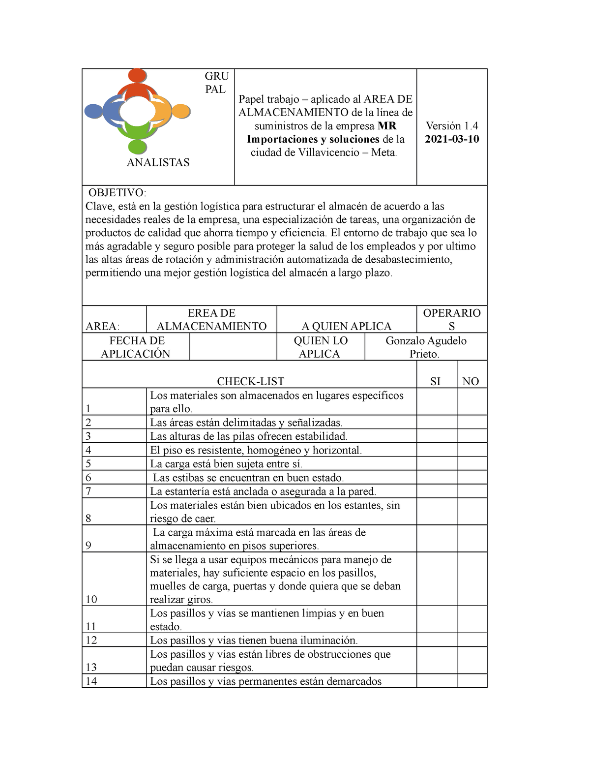 Check LIST DE Almacenamiento - GRU PAL ANALISTAS Papel trabajo