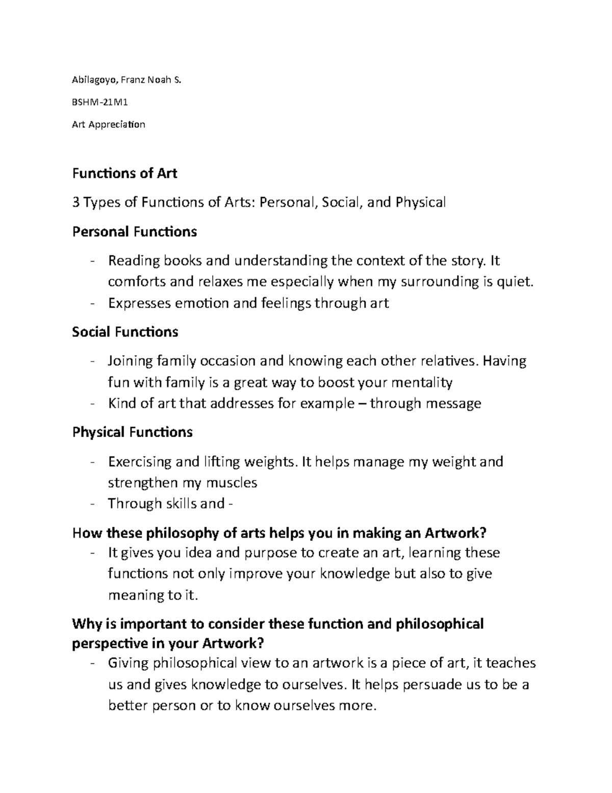 Functions of Art Franz fadfqwdq Abilagoyo, Franz Noah S. BSHM21M