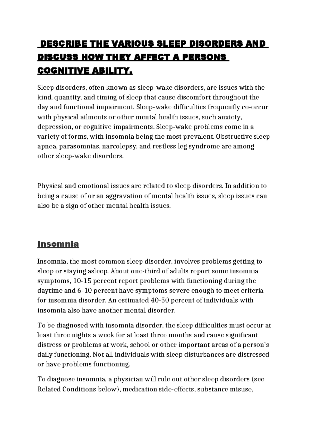 Describe THE Various Sleep Disorders AND Discuss HOW THEY Affect A ...